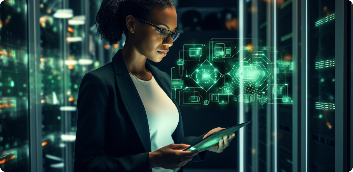 Financial analyst woman reviewing cloud data inside a data center using her tablet