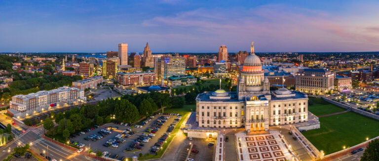 Aerial panorama of Providence skyline and Rhode Island capitol building at dusk. Providence is the capital city of the U.S. state of Rhode Island.