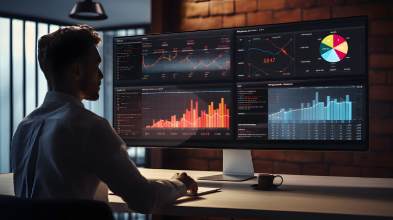 A data lead at a desk analyzes graphs and data displayed on his computer screen.