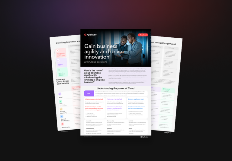 A mockup of a cloud datasheet comprehensive guide cover featuring best practices for cloud management emphasizing efficiency and collaboration.