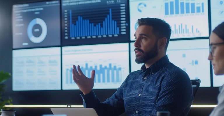 A man and woman stand in front of a large screen displaying various graphs and data visualizations.