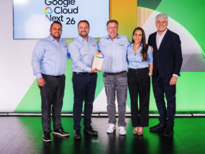 A picture of Applaudo being awarded Google Cloud Partner of the year with Scott Kenyon, Jose Giammattei, and Kevin Platero as the main protagonists.